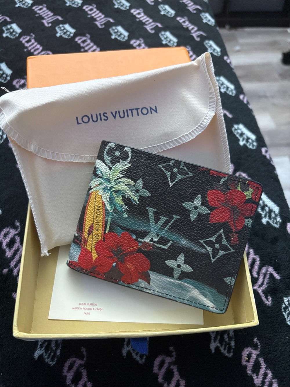 LV Black Monogram Floral Bi-Fold Wallet with Red Flowers